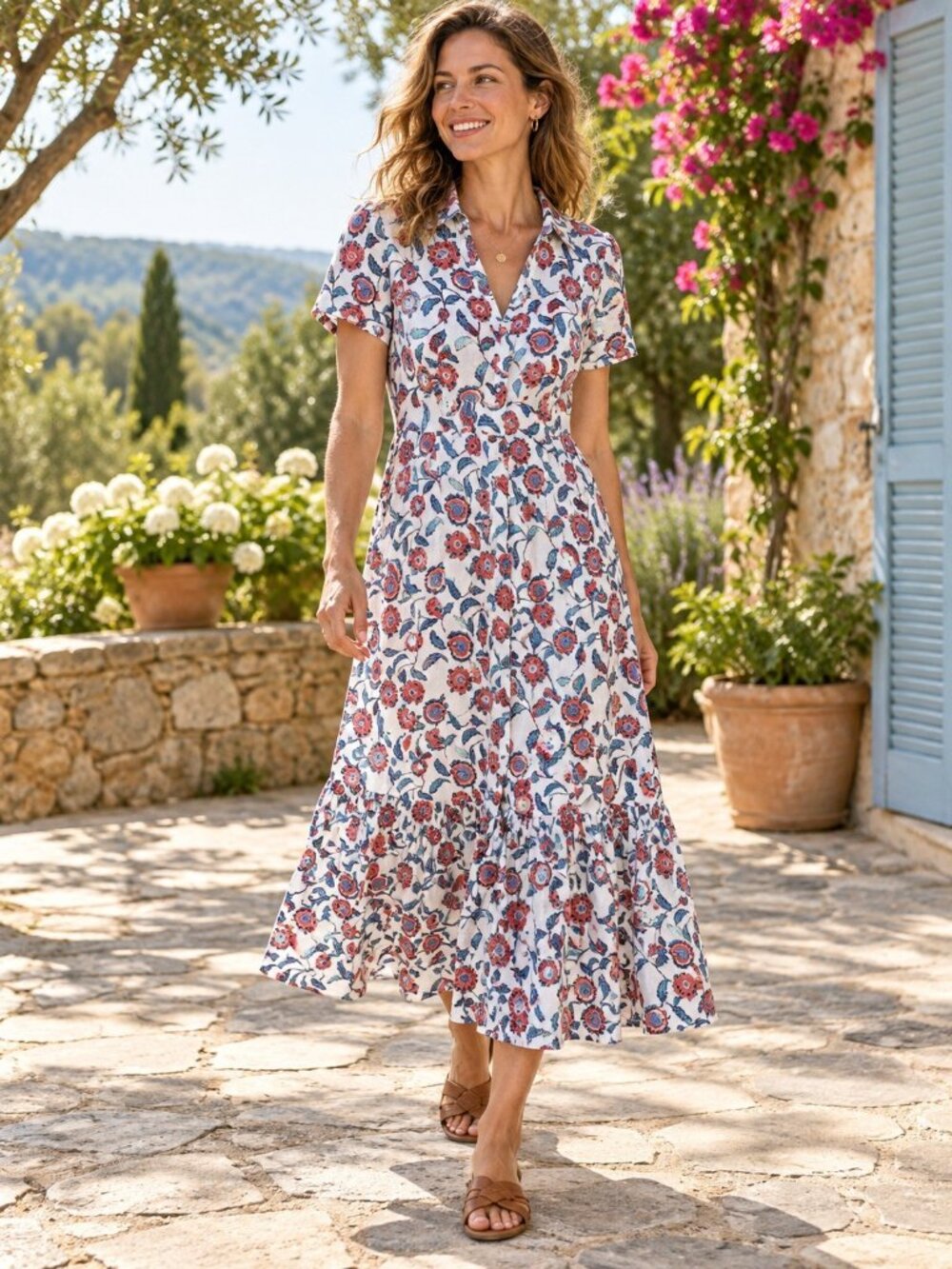 Boden Dress Size US 4R Multicolor Floral 100% Linen Tiered V Neck Eve Holiday